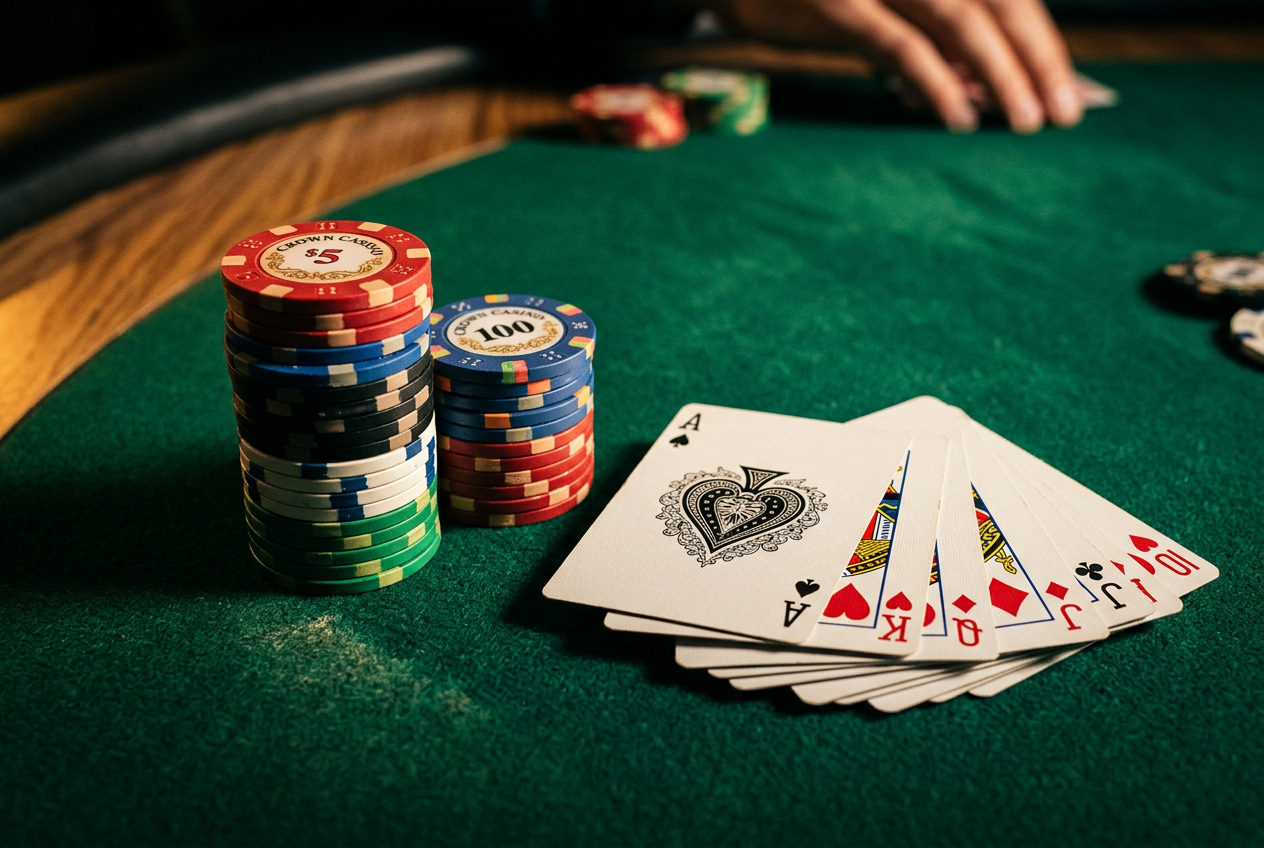 Detailní pohled na skládané pokerové žetony a rozdané karty na zeleném plátně s dramatickým bočním osvětlením