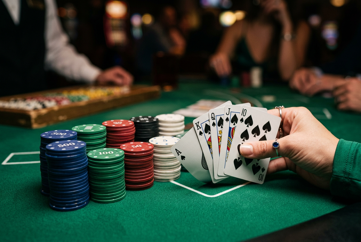 Detailní záběr na stack barevných pokerových žetonů na zeleném plátně